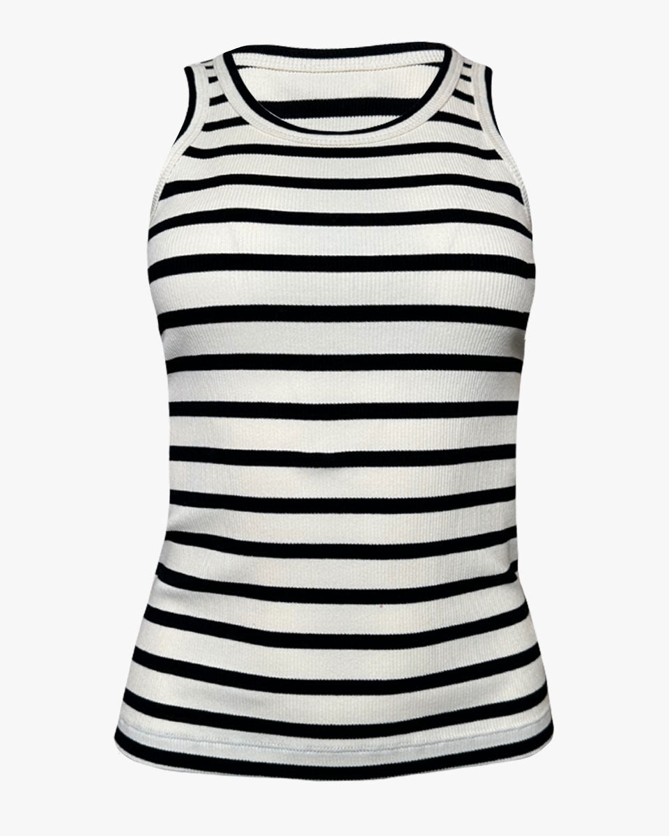 STRIPE RIBBED BOUND CREW NECK TANK TOP