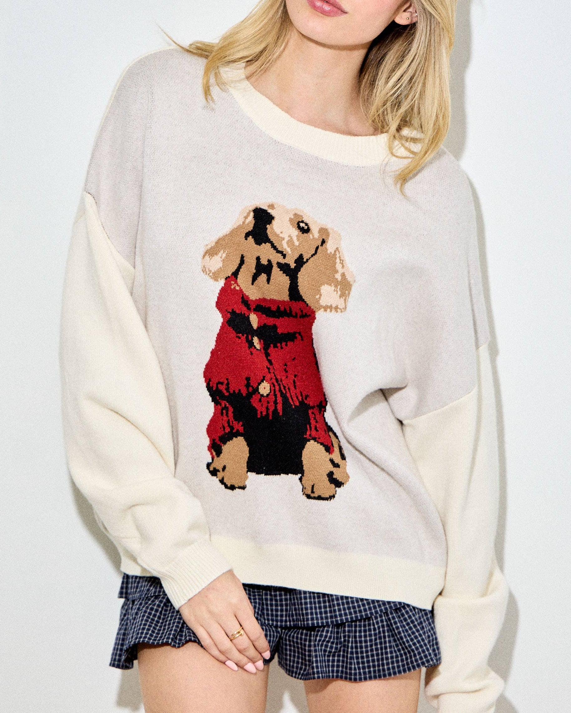Woman wearing a sweater with a dog design on a plain background