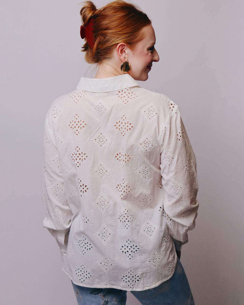 Judy Embroidered Motifs Eyelet Cutwork Button-Front Shirt