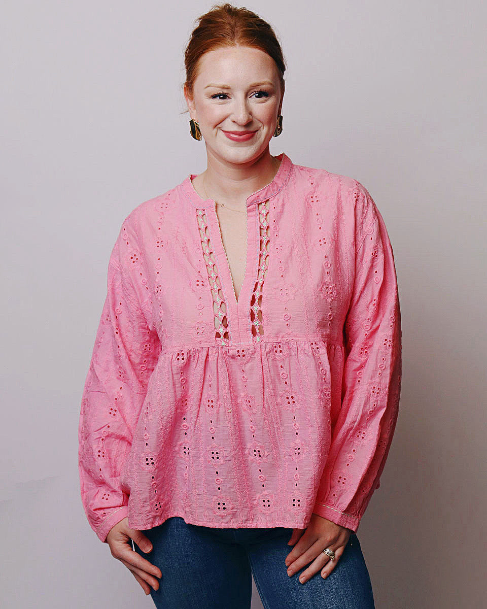 Bev Cotton Eyelet Lace Empire Blouse Top