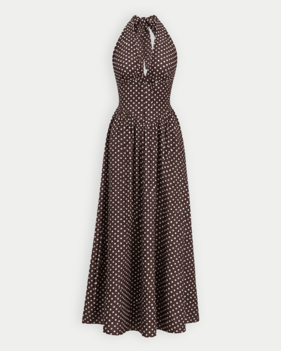 Vivian Dark Brown Polka Dot Halter Dress - Blackbird Boutique