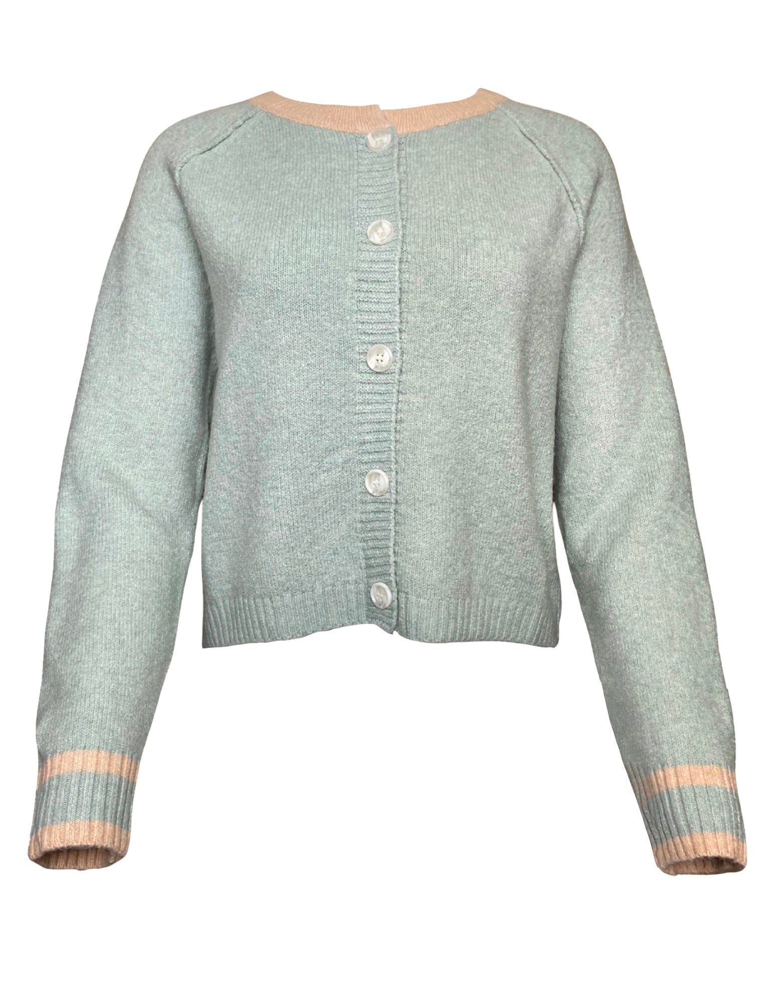 Light blue cardigan with button details on a white background