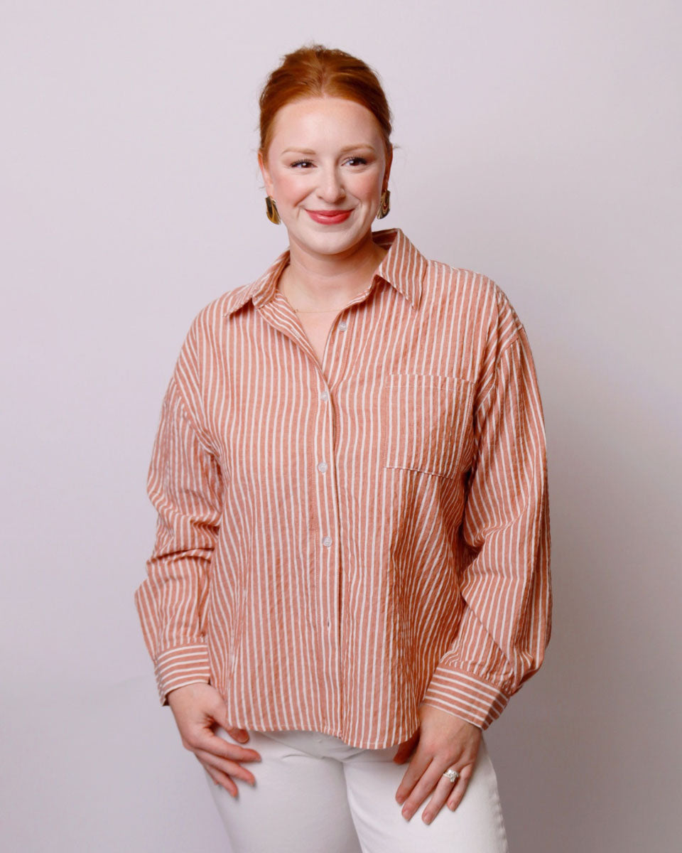 Striped Button-Up Collared Long Sleeve Shirt in Brick