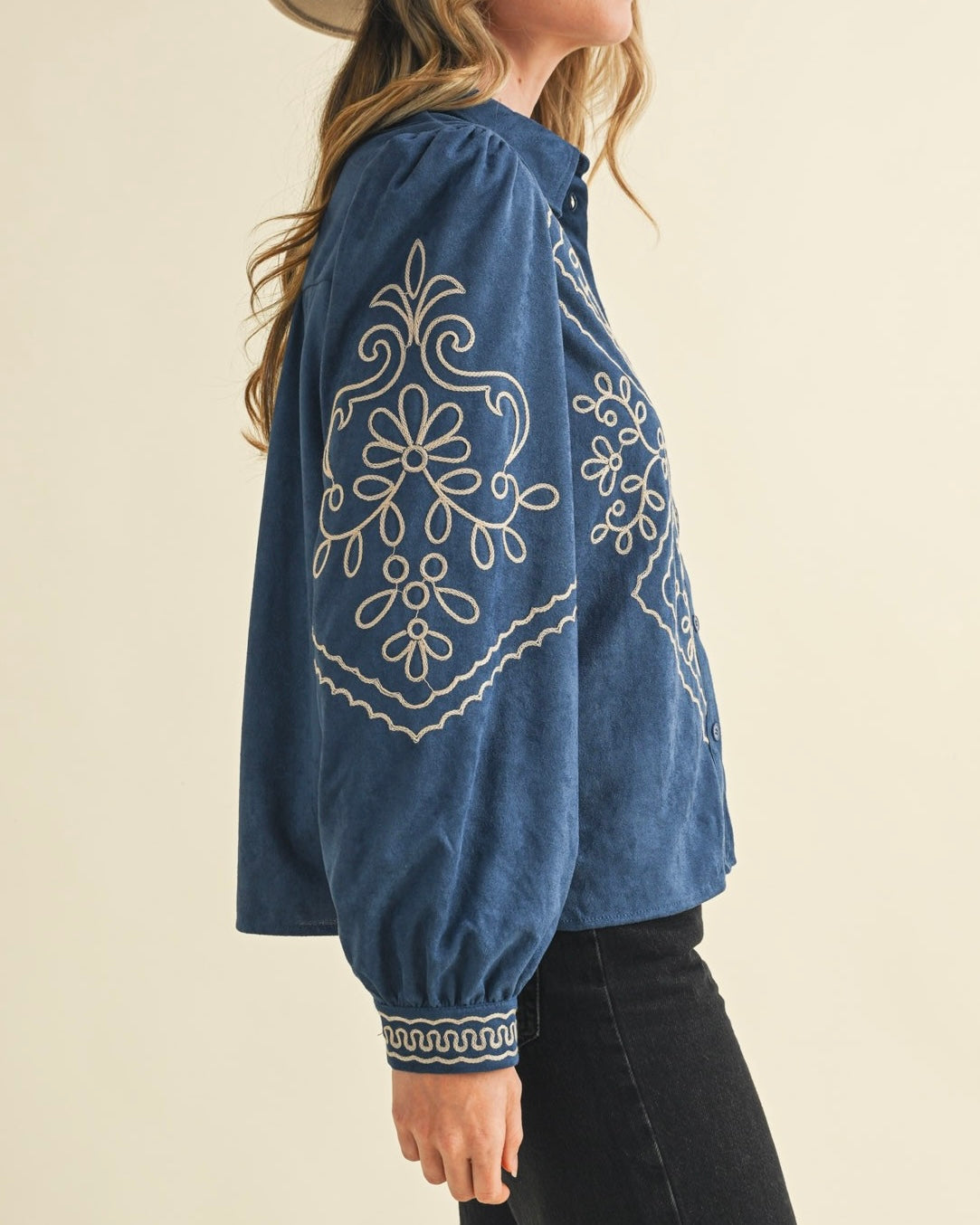 Embroidered Suede Feel Button Front Top