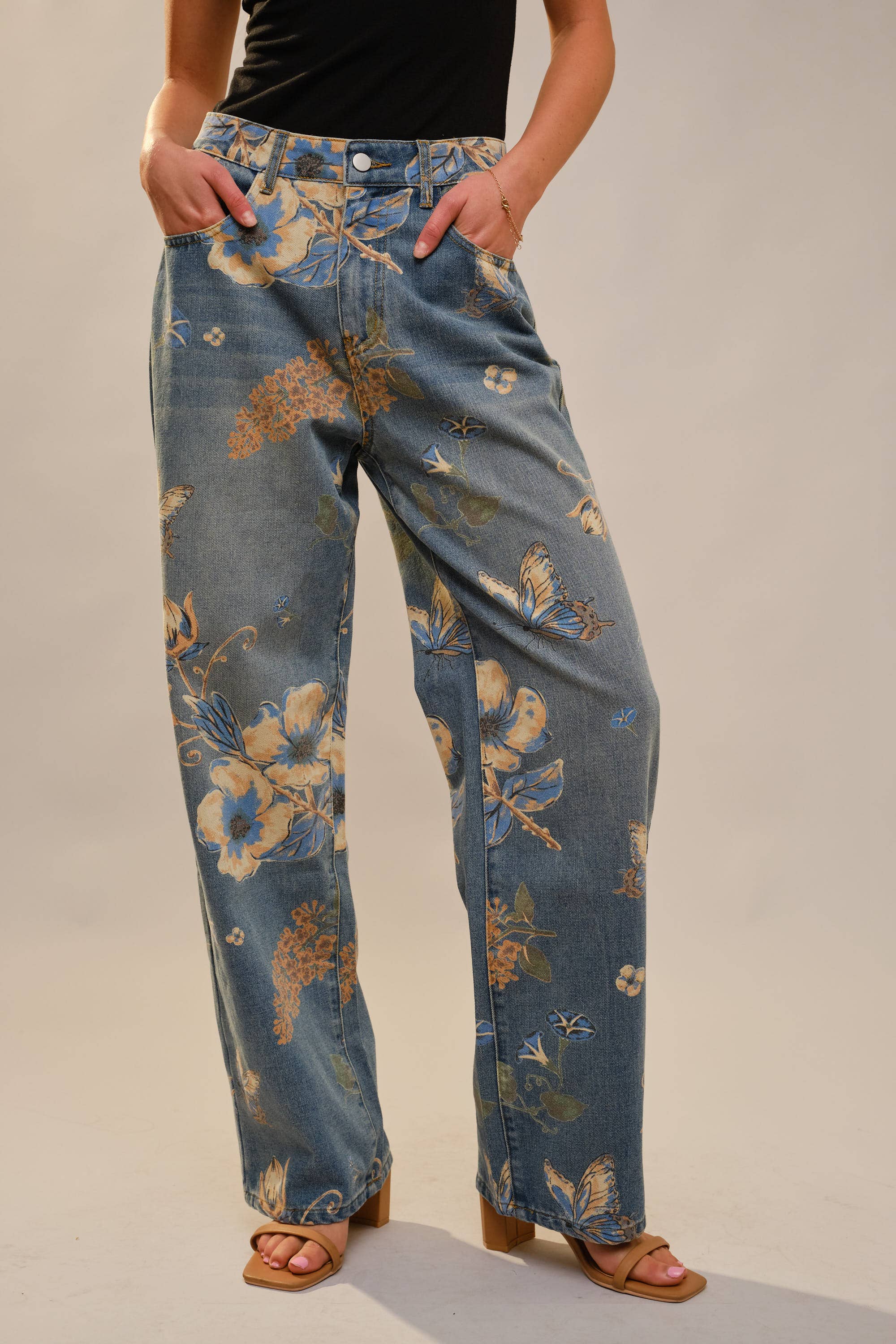 Floral Print Wide Leg Jeans