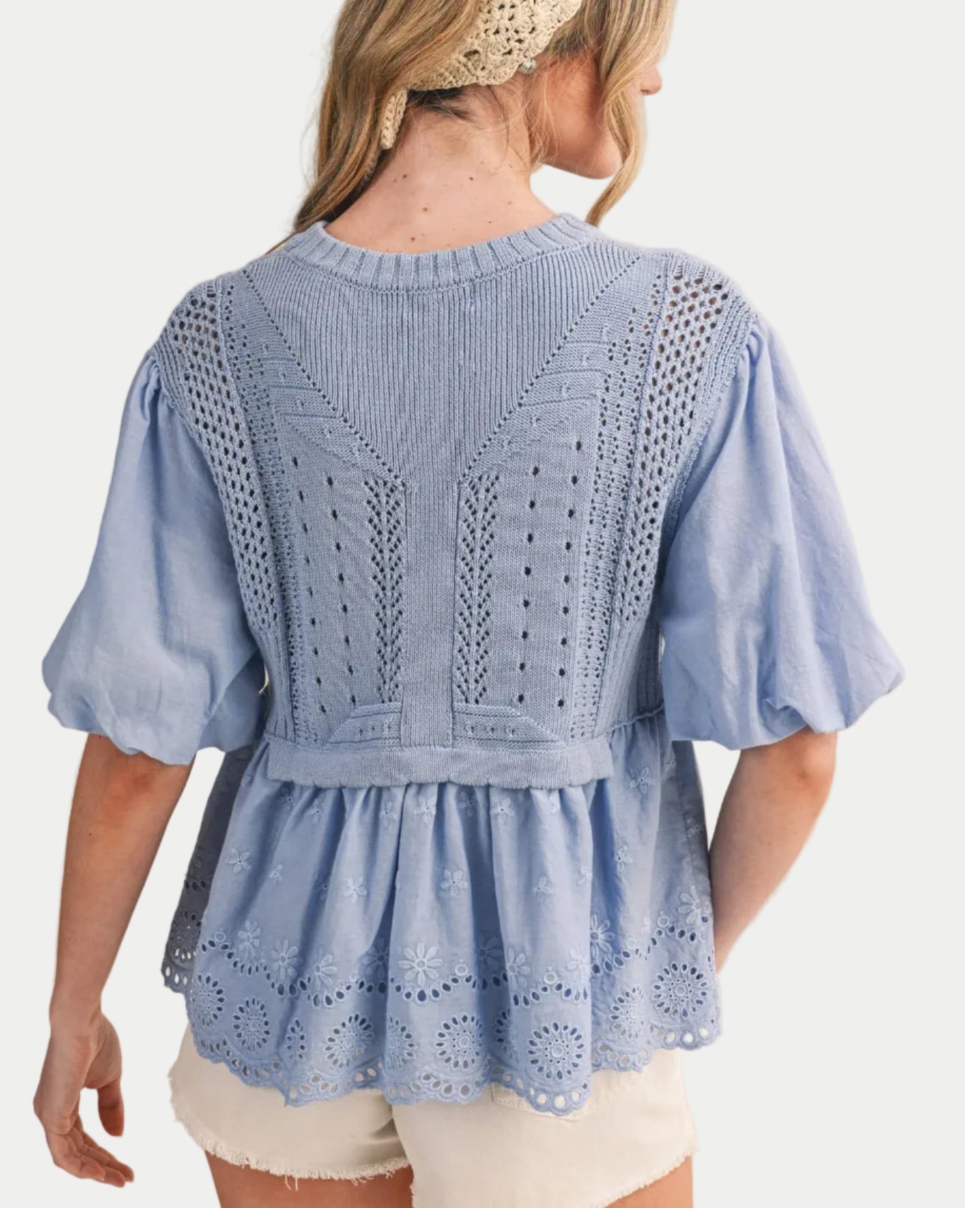 MIXED MEDIA BUBBLE SLEEVE SWEATER TOP MSW11266 - Blackbird Boutique