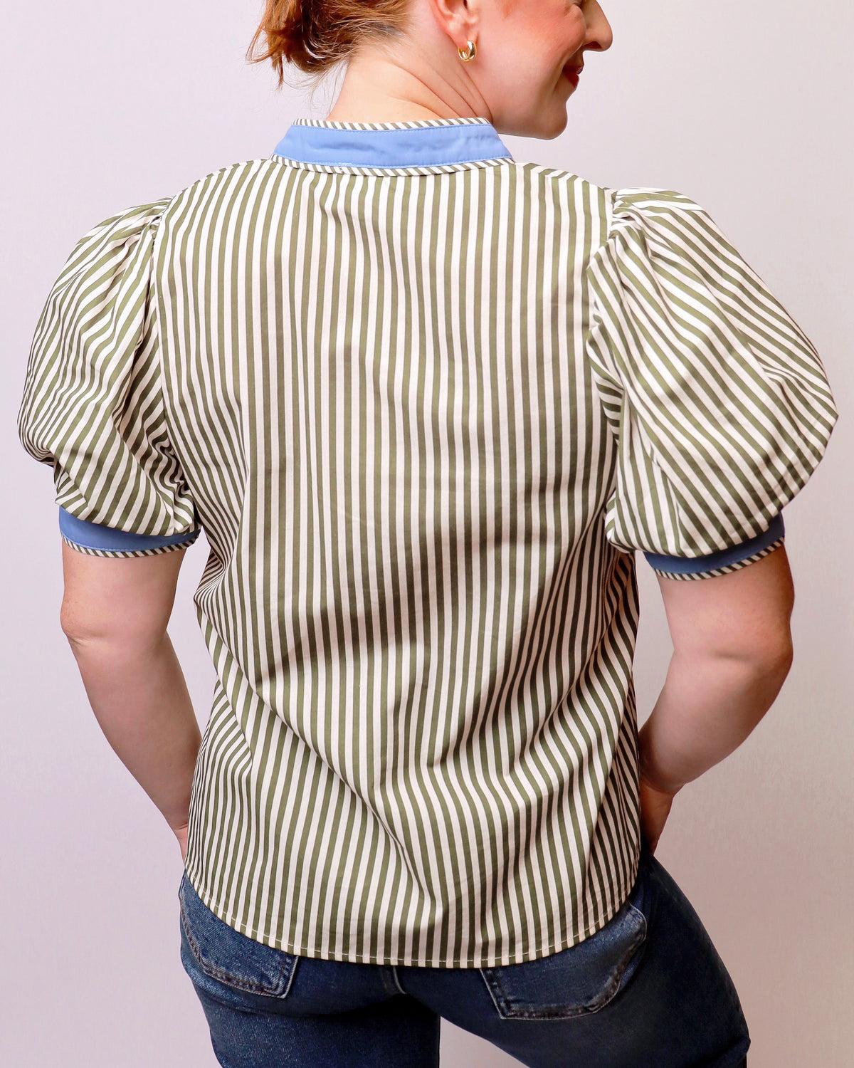 Wilma Striped Puffed Short Sleeve Top in Green
