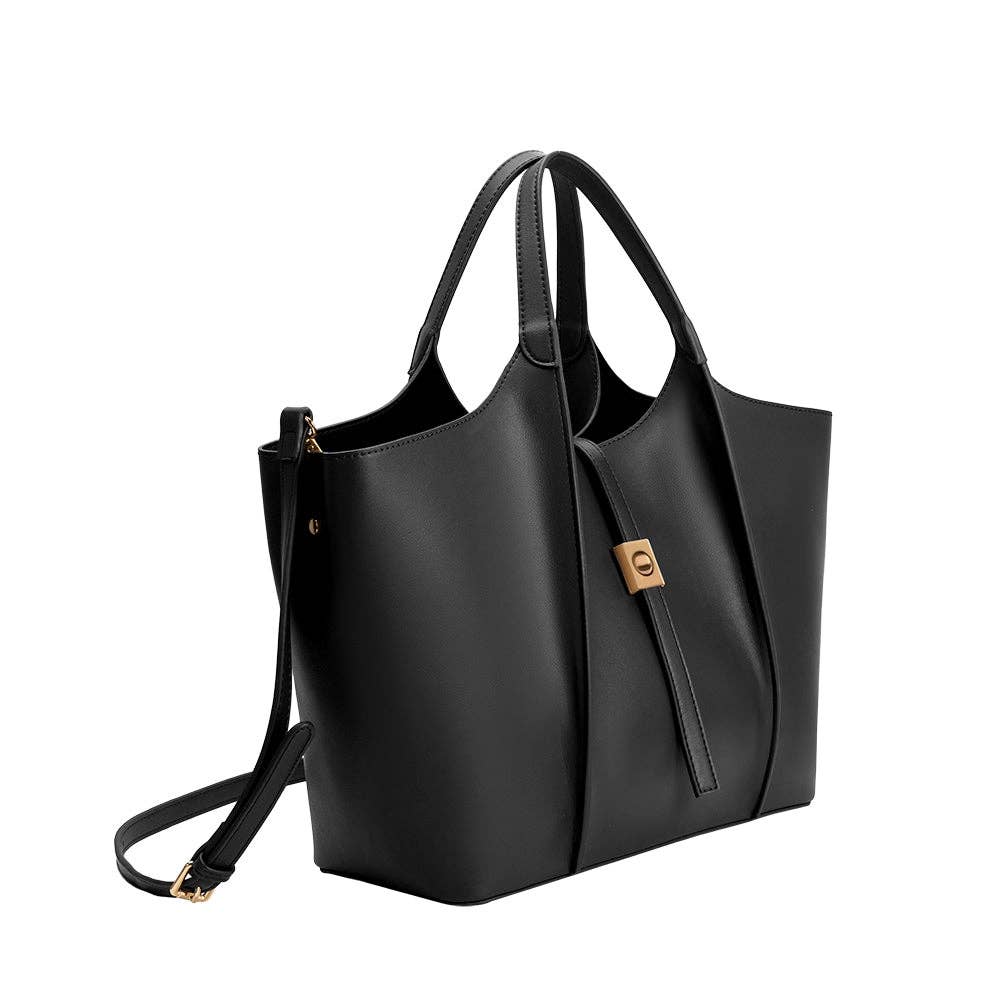 Black handbag with gold accents on a white background