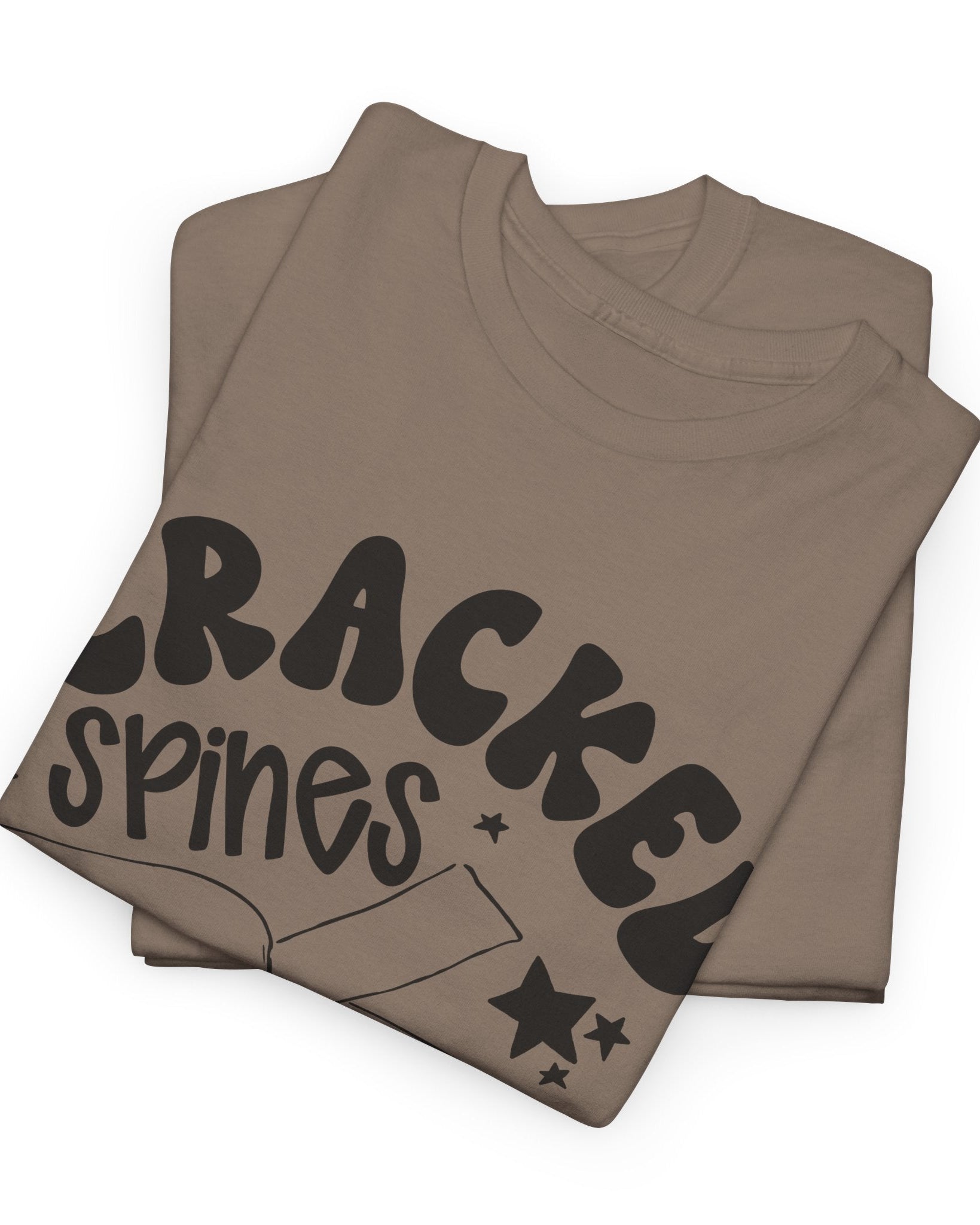 Folded brown t-shirt with 'Cracked Spines' text on a white background