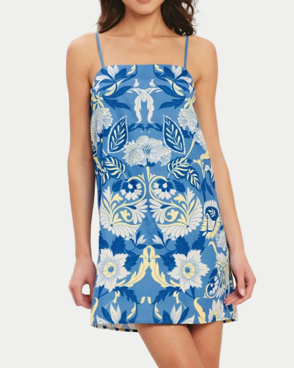 blue floral Mini Dress on a white background- Blackbird Boutique