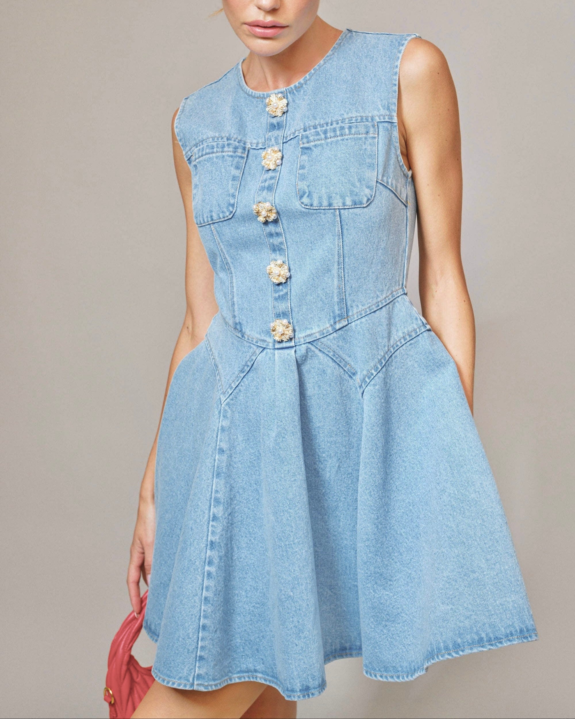 Jeweled Button Denim Flare Mini Dress - Blackbird Boutique