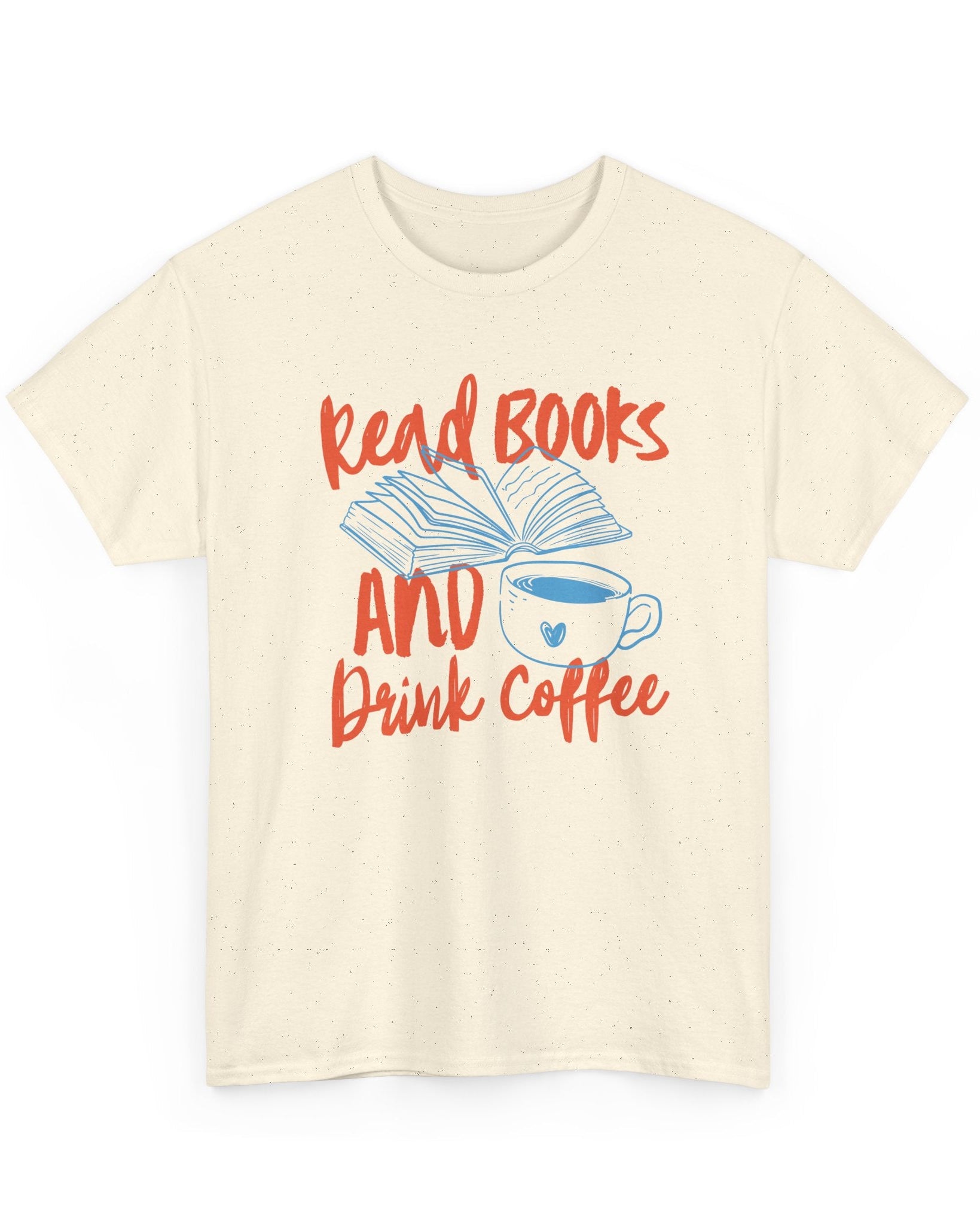 Beige t-shirt with 'Read Books and Drink Coffee' text and graphics on a white background