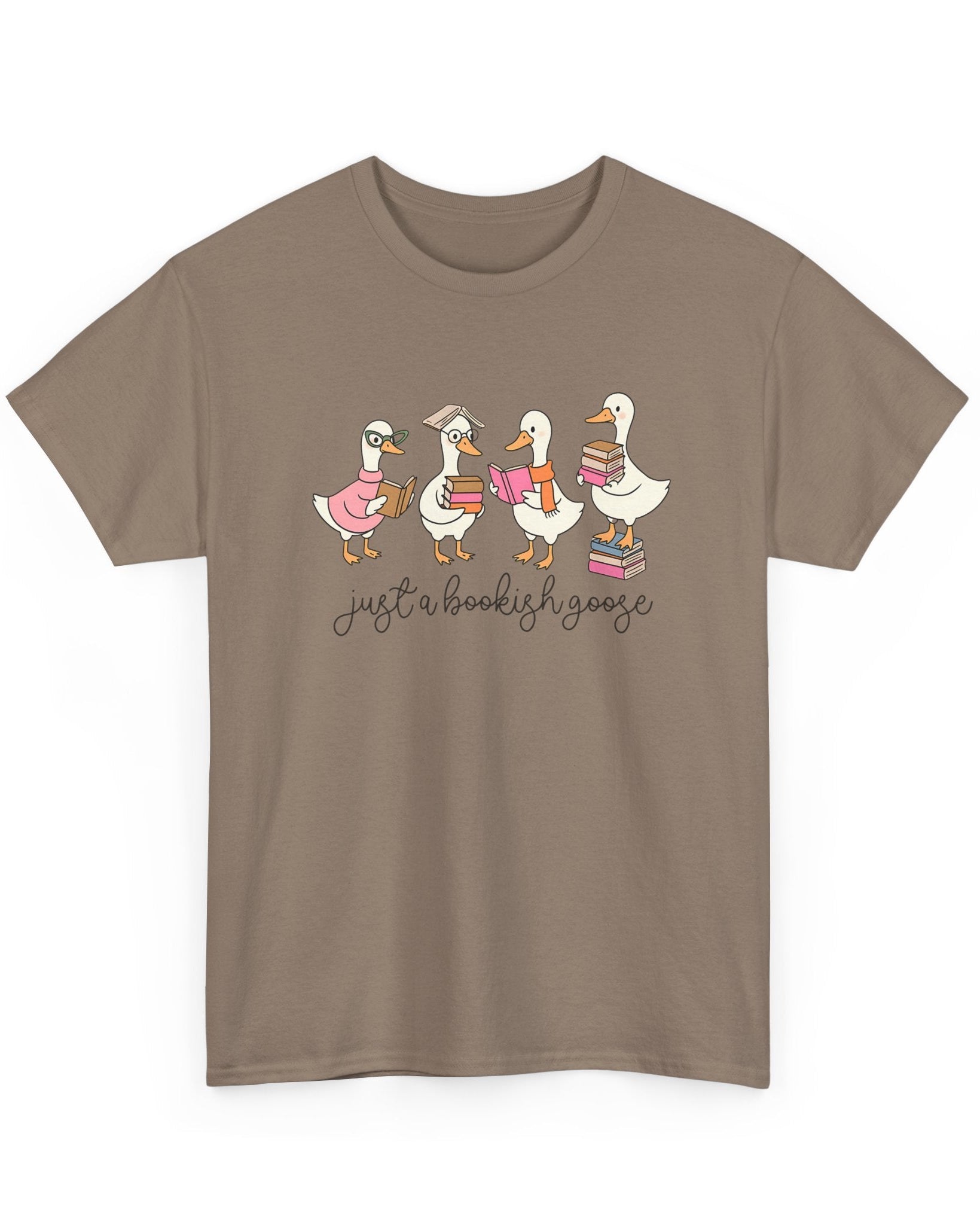 Brown t-shirt with cartoon geese and text on a white background
