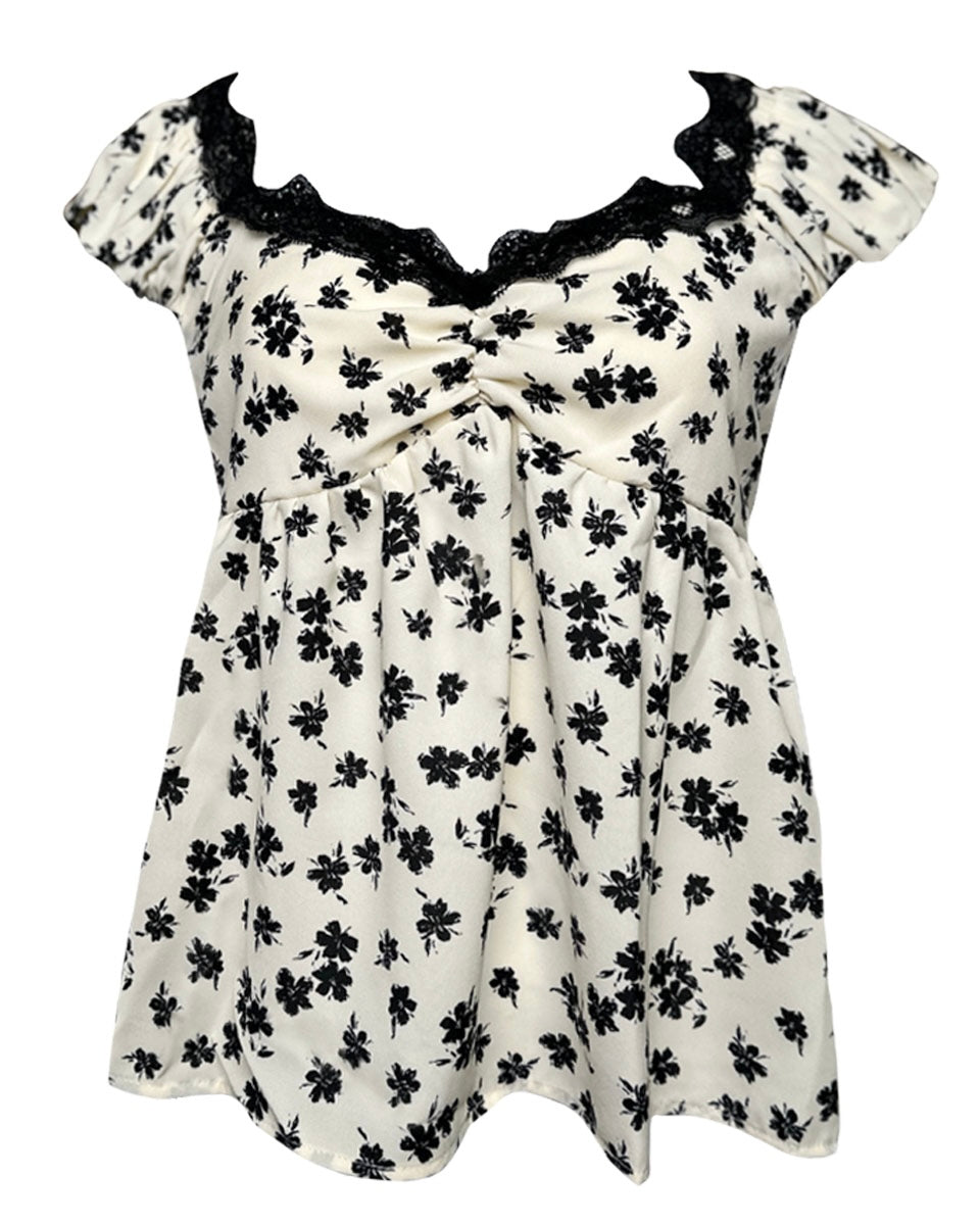 LACE TRIM BUBBLE SHORT SLEEVE FLORAL PRINT TOP - Blackbird Boutique