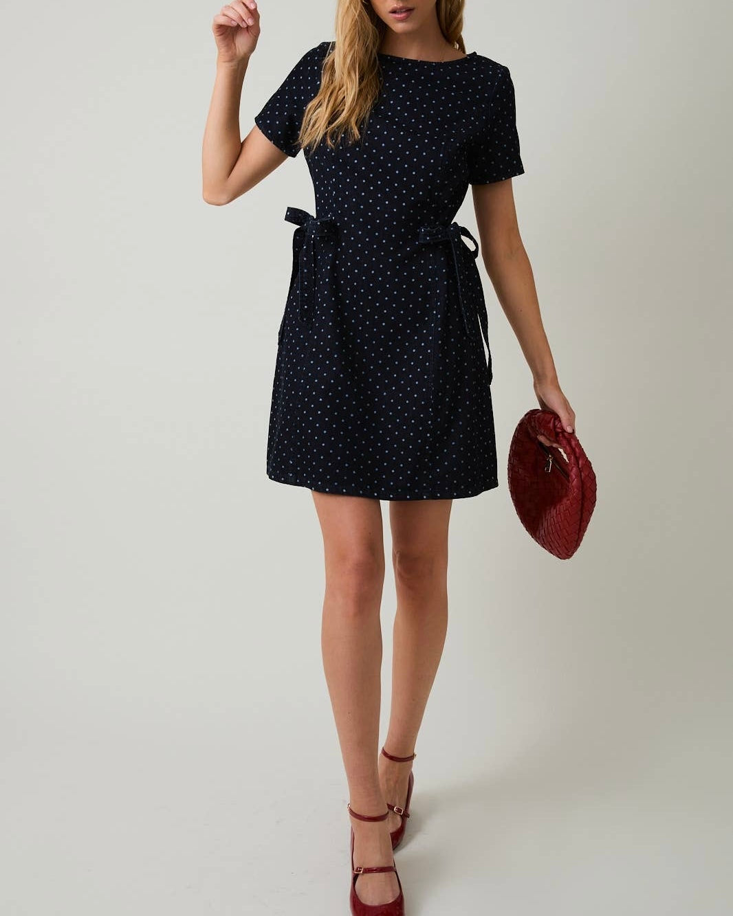Denim White Dot Side Tie Mini Dress - Blackbird Boutique