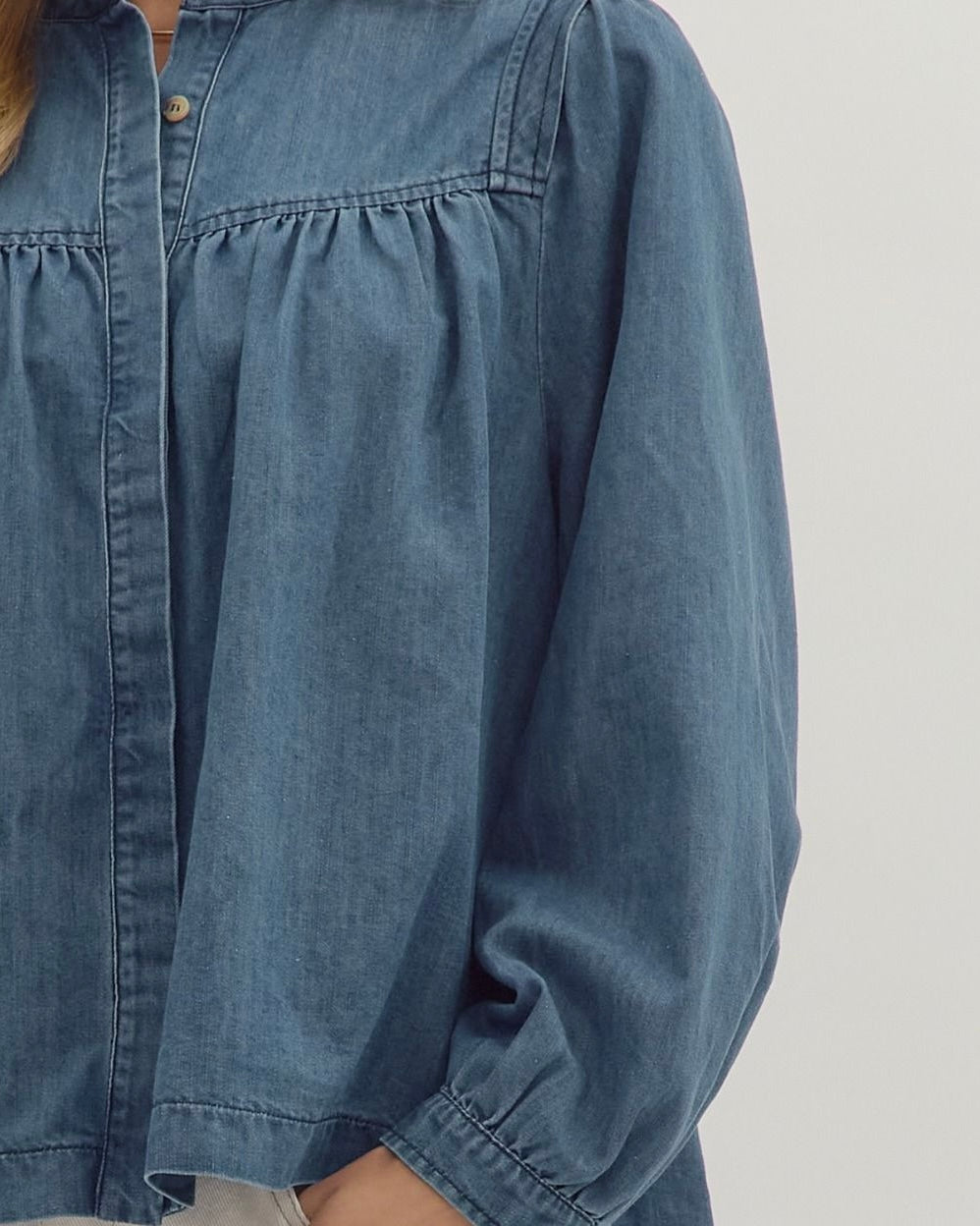 Long Sleeve Button Front Denim Top - Blackbird Boutique