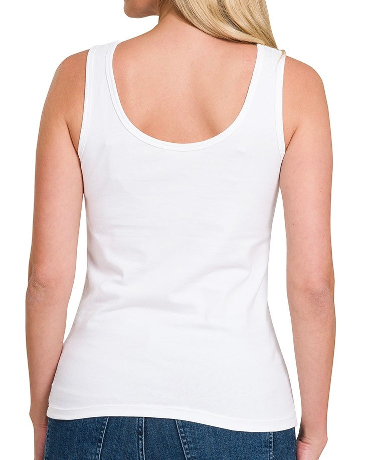 White tank top worn by a person on a white background