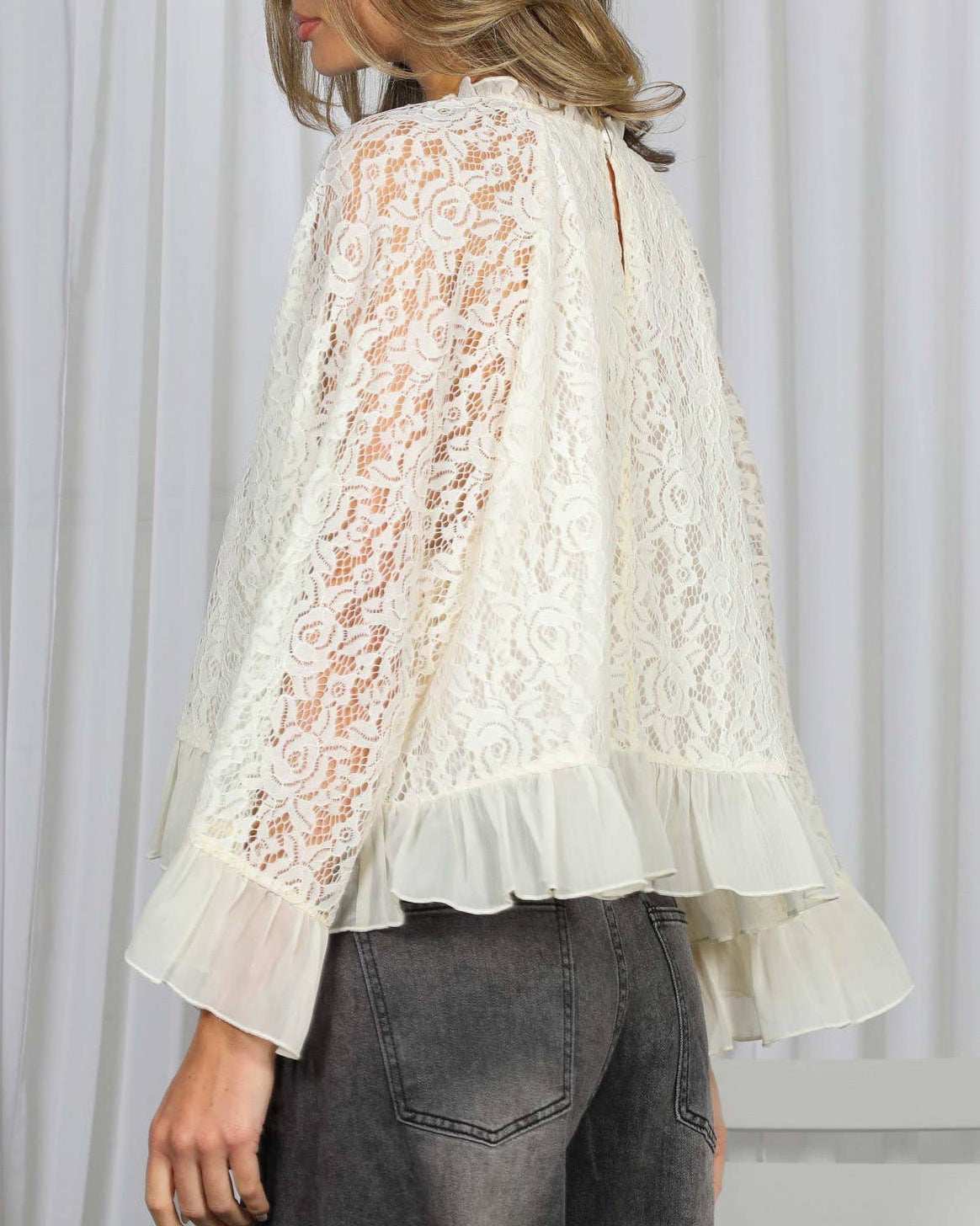 Nicolette Ruffle Neck & Hem Bell Sleeve Loose Lace Blouse