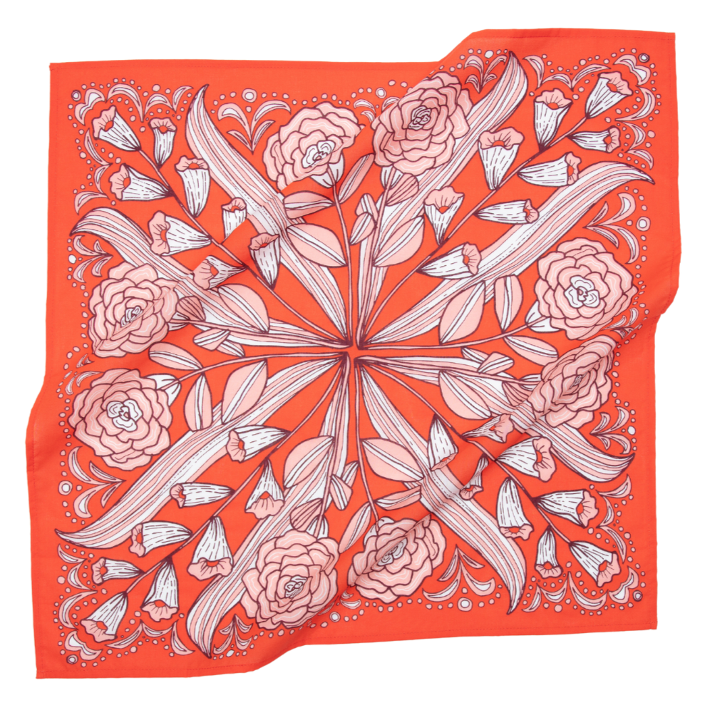 Floral patterned bandana on a red background