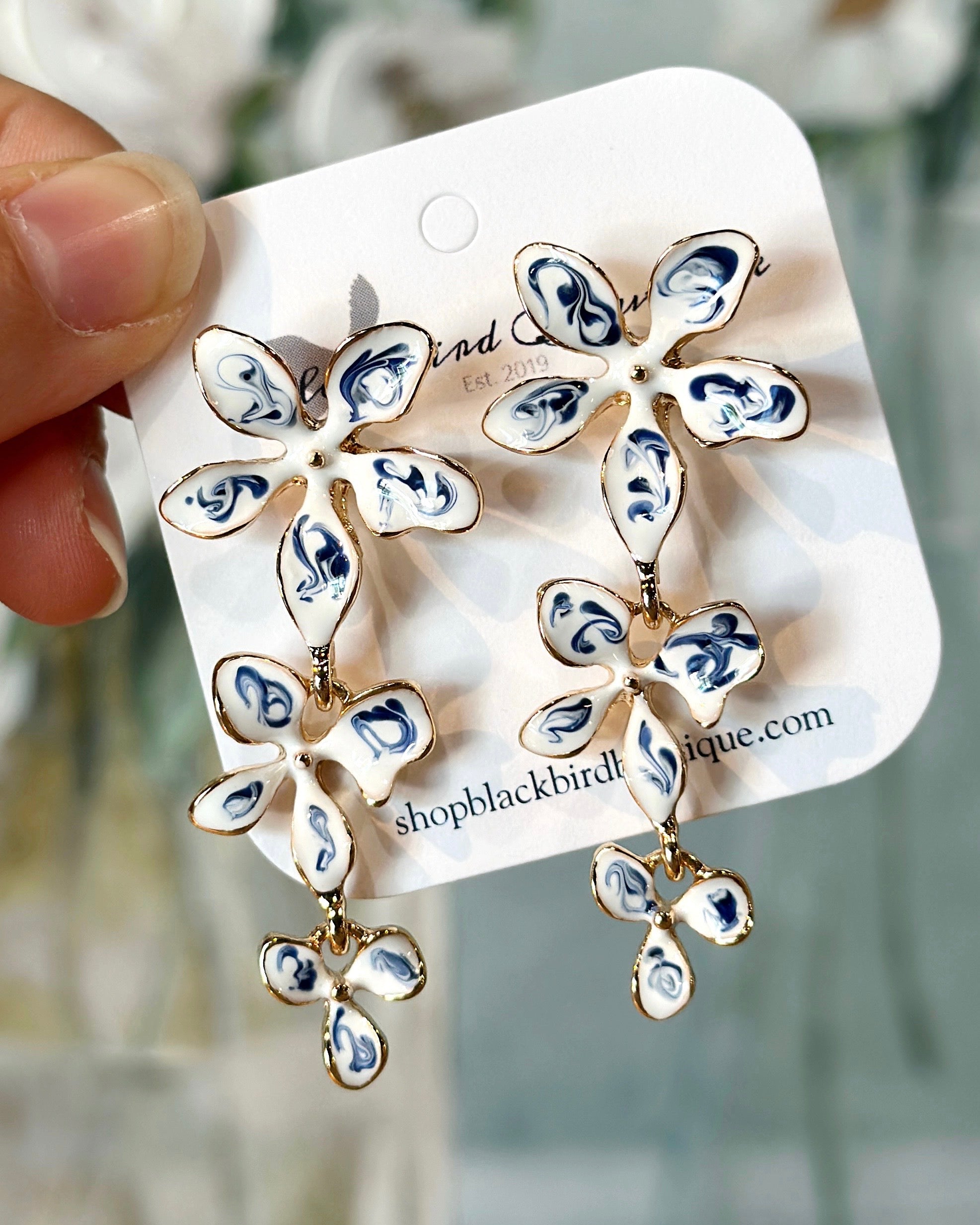 Blue Ceramic Flower Link Chain Dangle Earrings - Blackbird Boutique