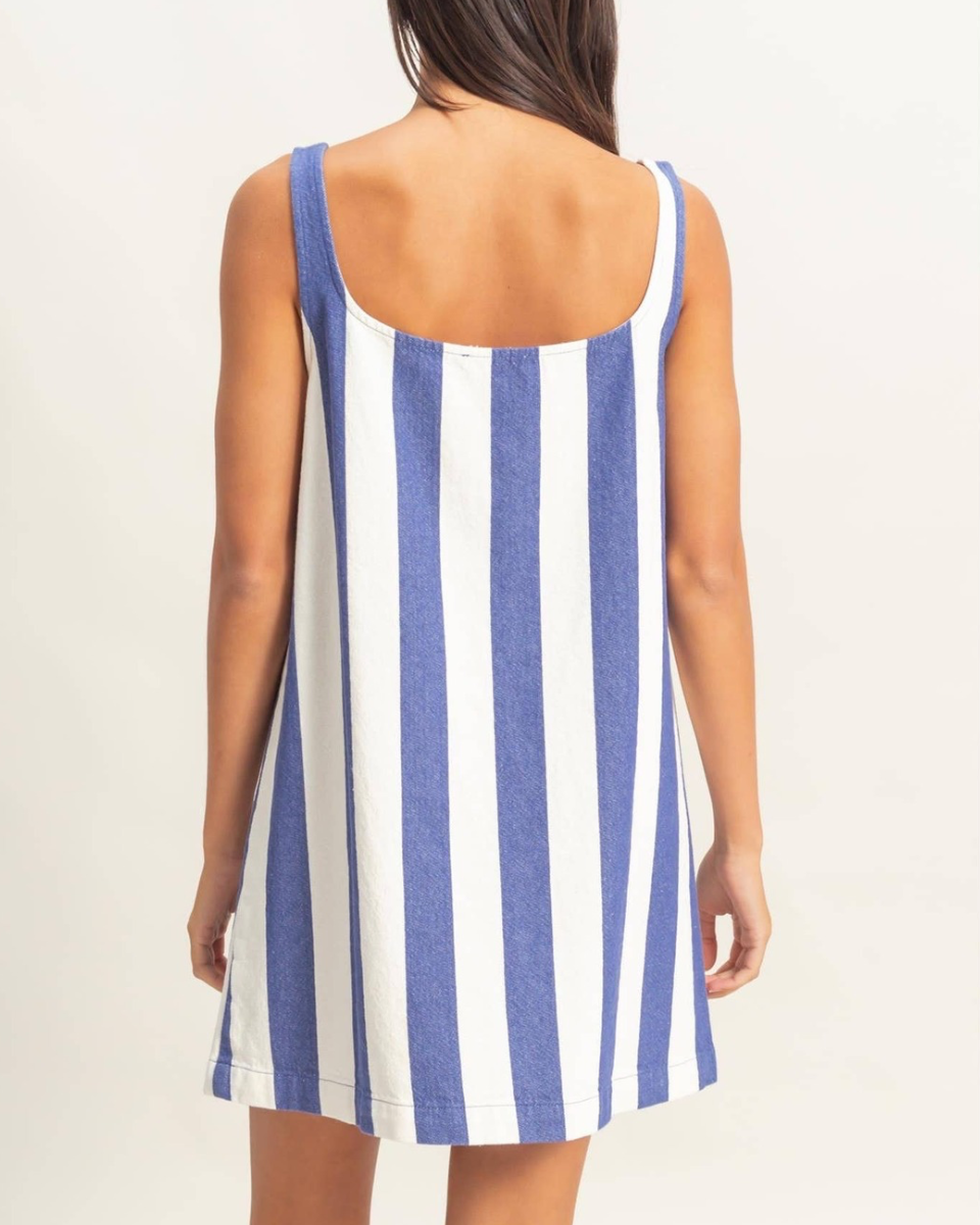 Striped Square Neck Woven Mini Dress in Indigo/Cream - Blackbird Boutique