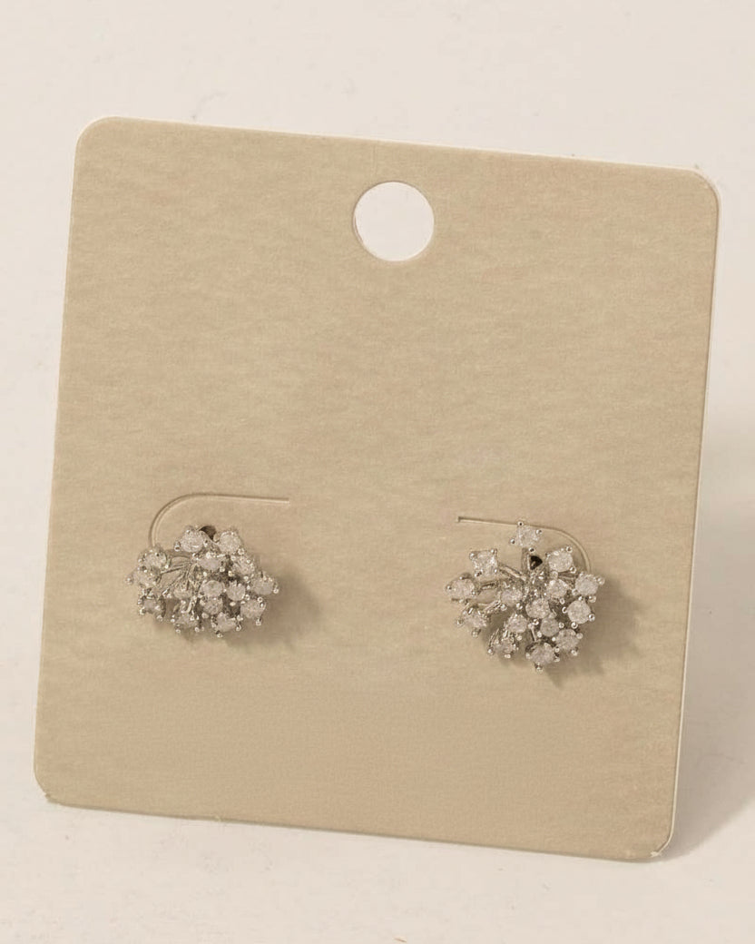 Pair of silver floral earrings on a beige card with 'made in Korea' text.
