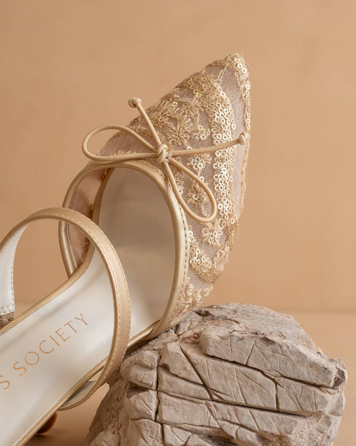 The Katie | Gold Lace Pointed Toe Mid Heel Mule