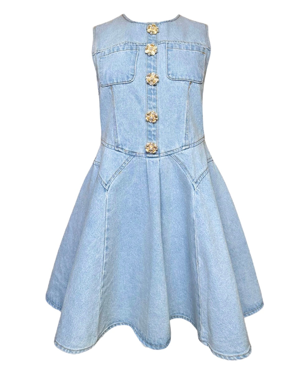 Jeweled Button Denim Flare Mini Dress - Blackbird Boutique