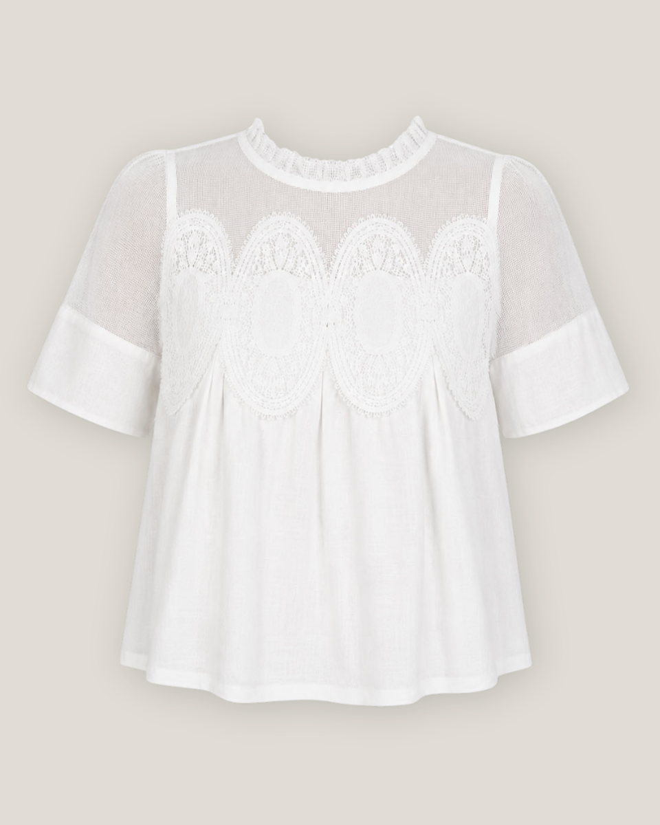 Carlene Linen Blend Lace Trim Short Sleeve Blouse