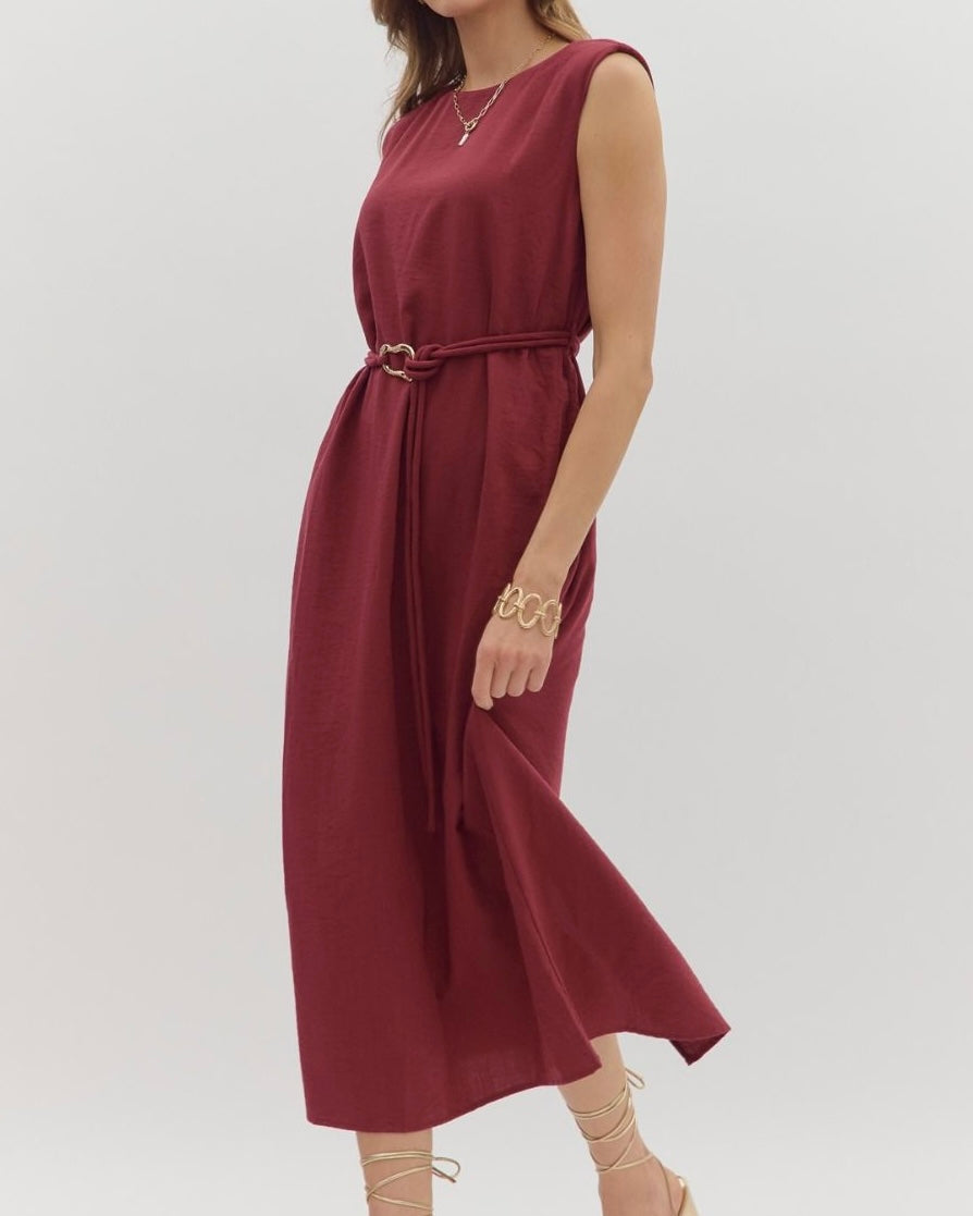 Belted Midi Dress in Burgundy - Blackbird Boutique