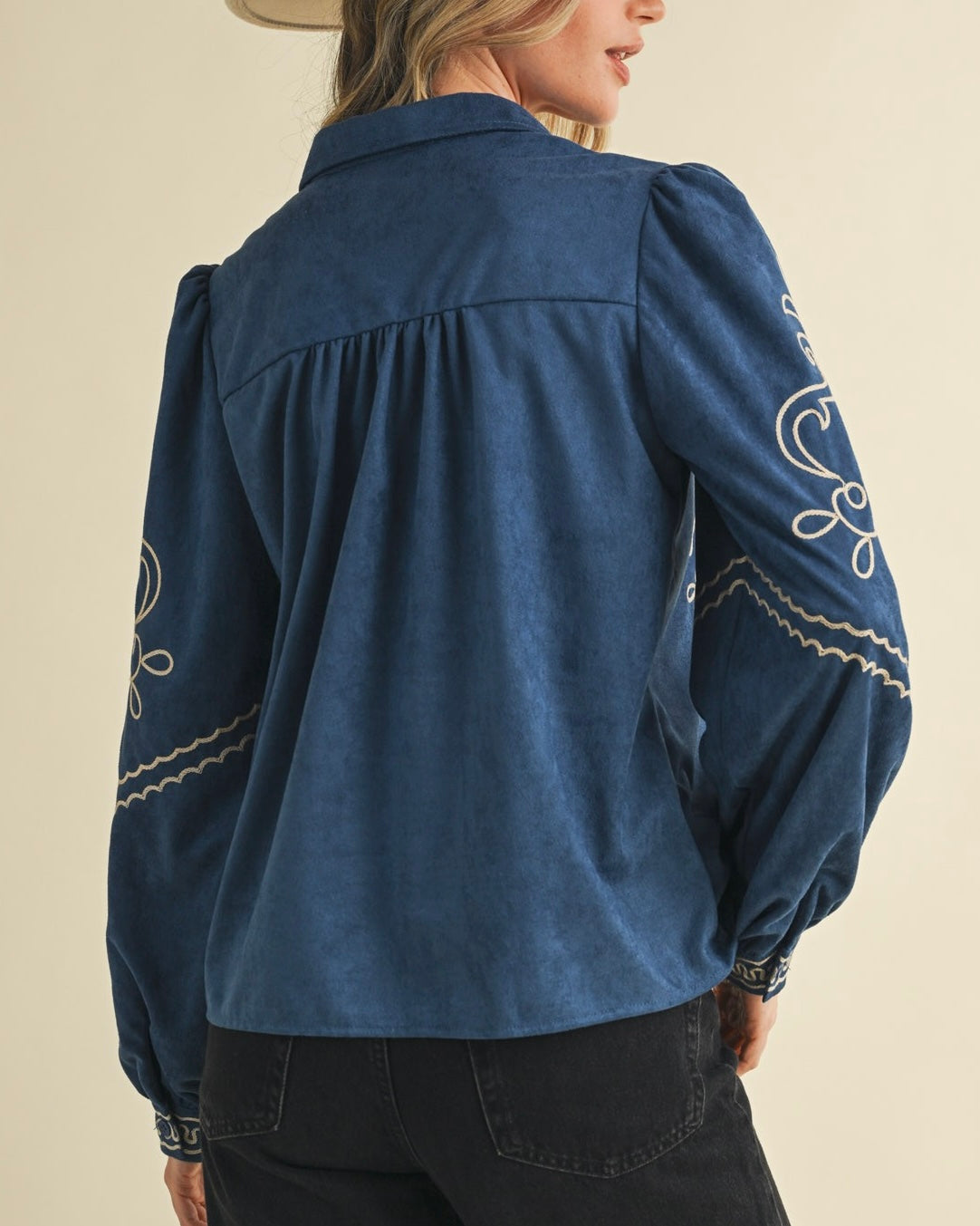 Embroidered Suede Feel Button Front Top