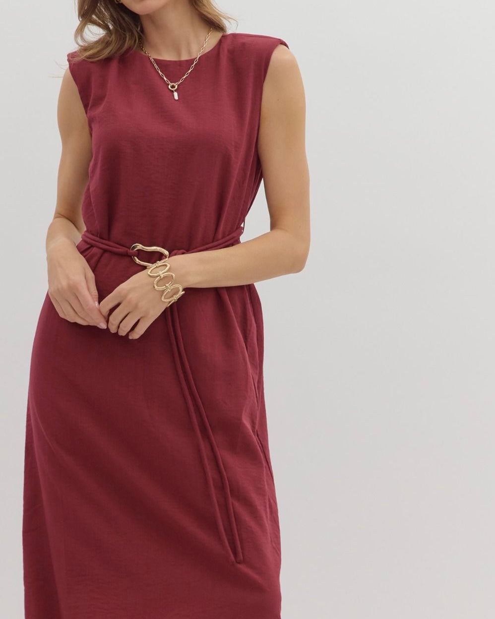 Belted Midi Dress in Burgundy - Blackbird Boutique