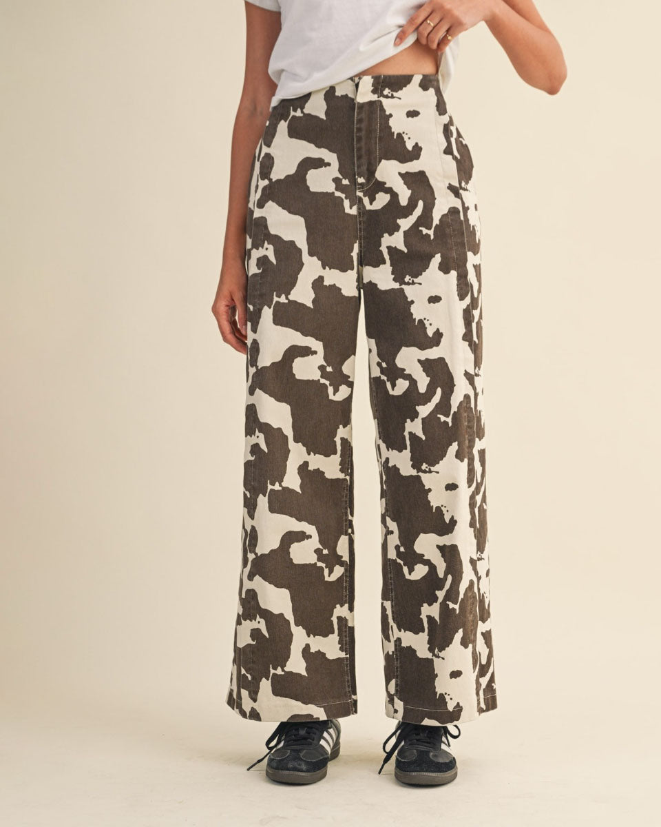 High Wasted Wide Leg Cow Print Pants - Blackbird Boutique