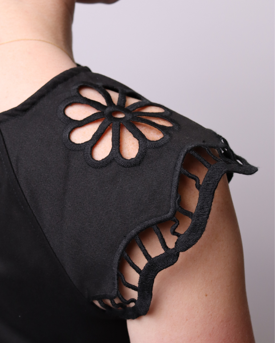 Emmy Embroidered Cut-Out Cap Sleeve Top in Black