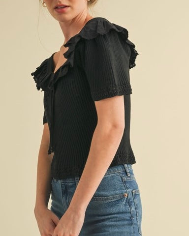 Square Neck Crochet Trim Sweater Top - Blackbird Boutique