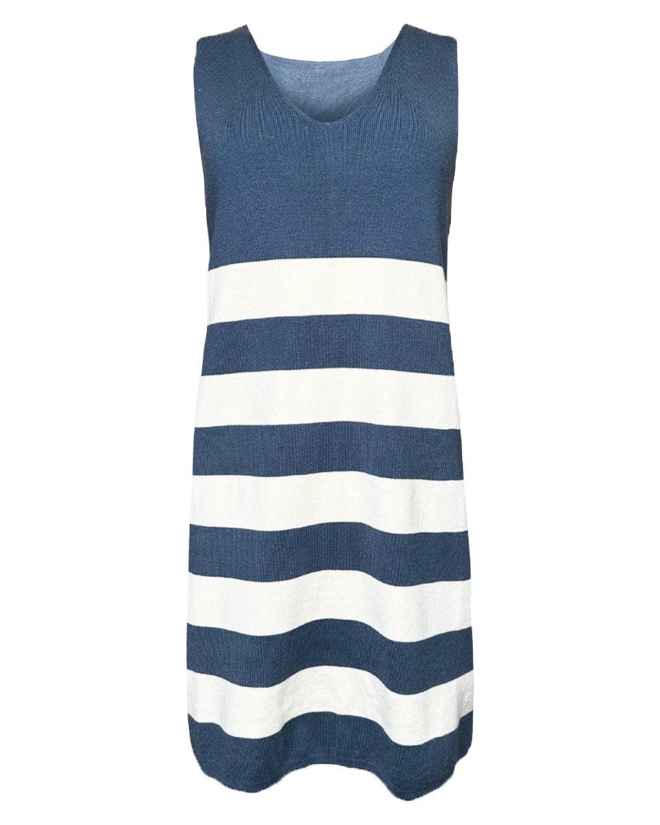 Blue and white striped sleeveless dress on a white background