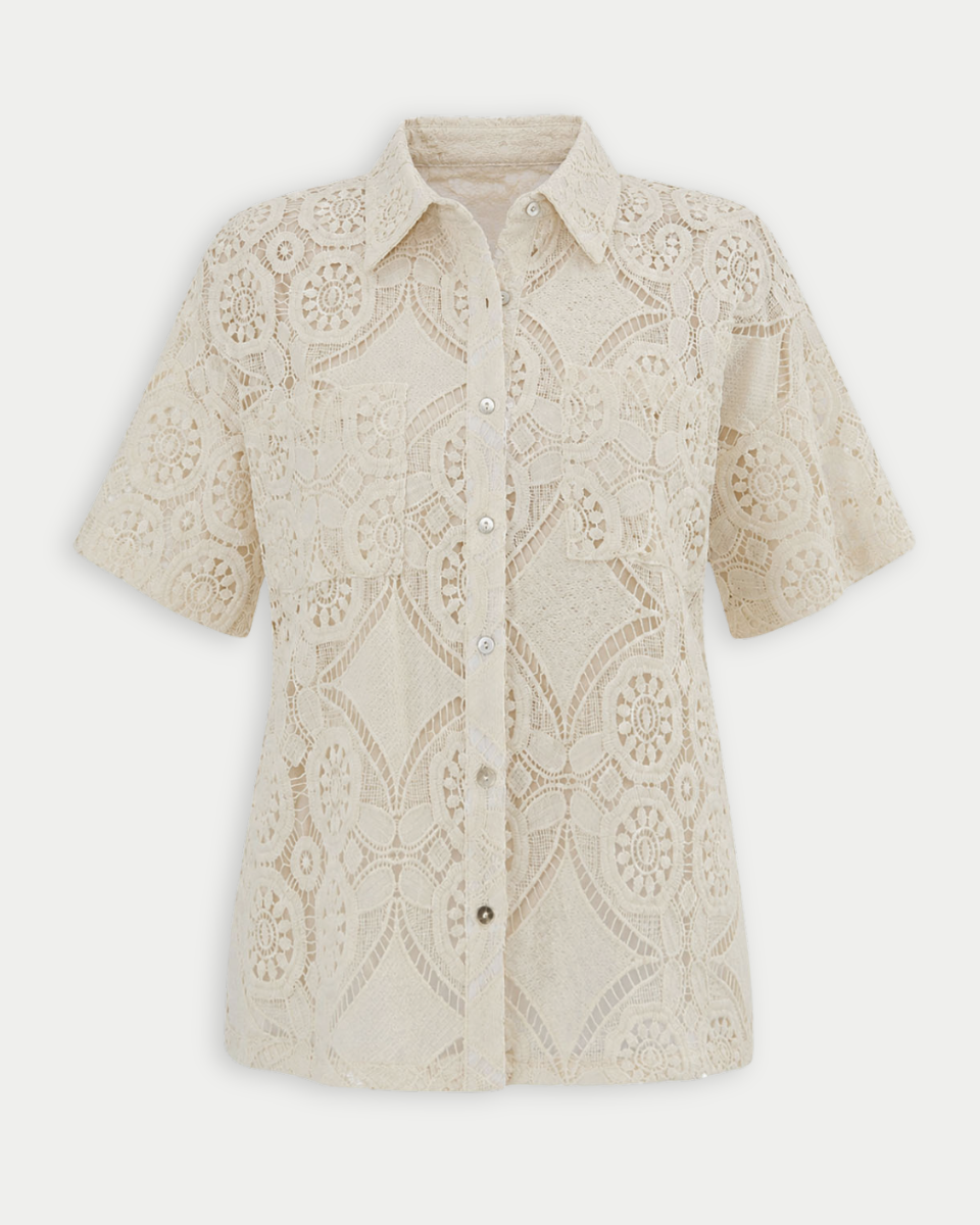 Mimi Lace Short Sleeve Button Down Boxy Fit Blouse - Blackbird Boutique