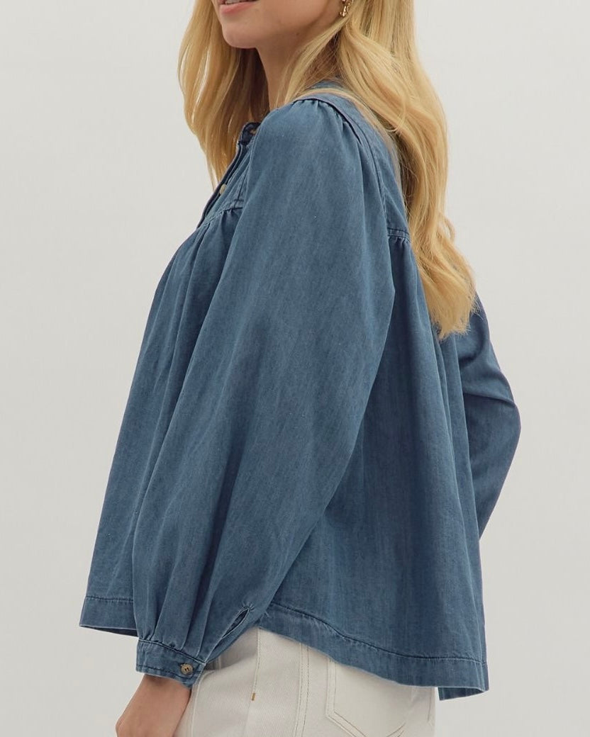 Long Sleeve Button Front Denim Top - Blackbird Boutique