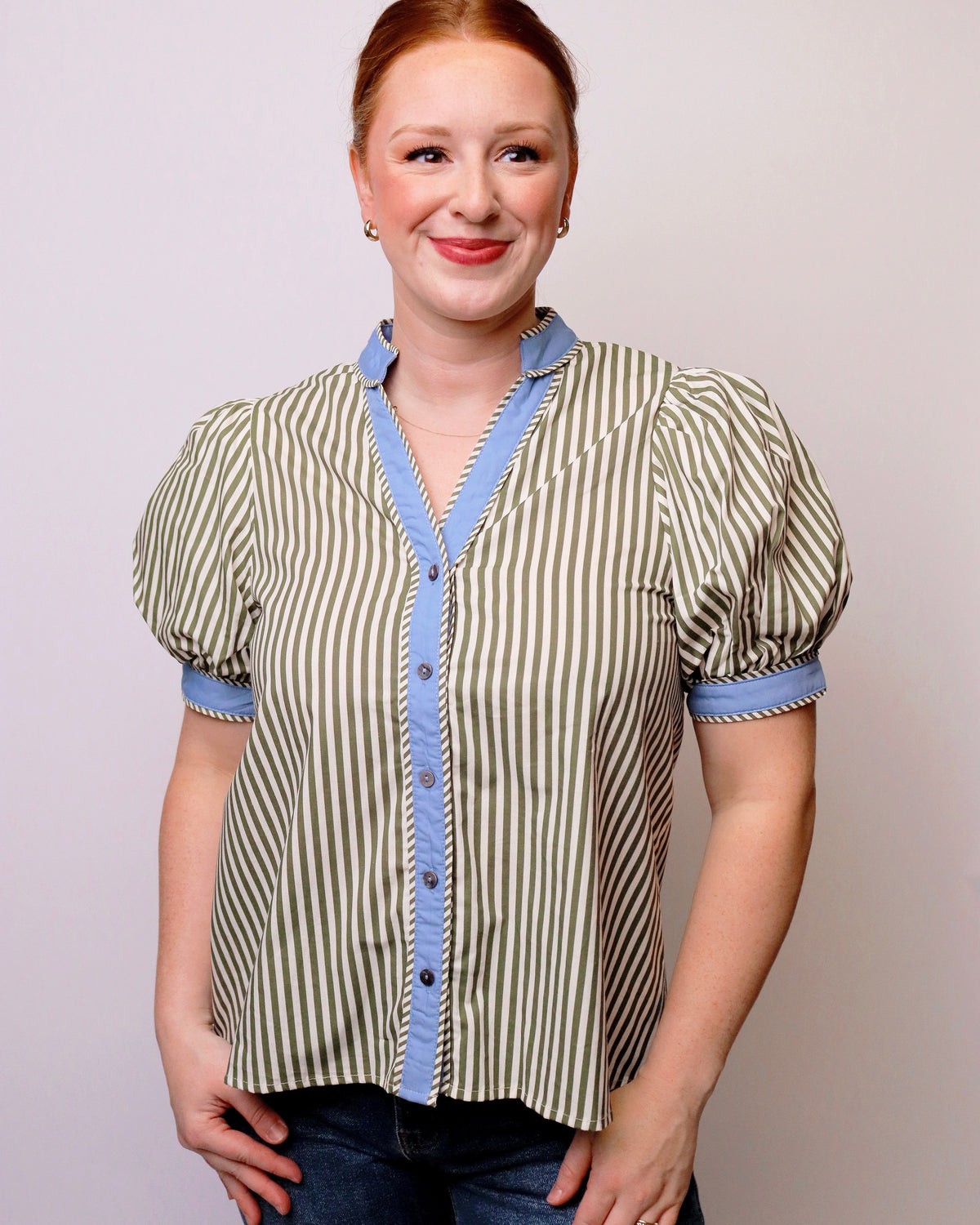 Wilma Striped Puffed Short Sleeve Top in Green
