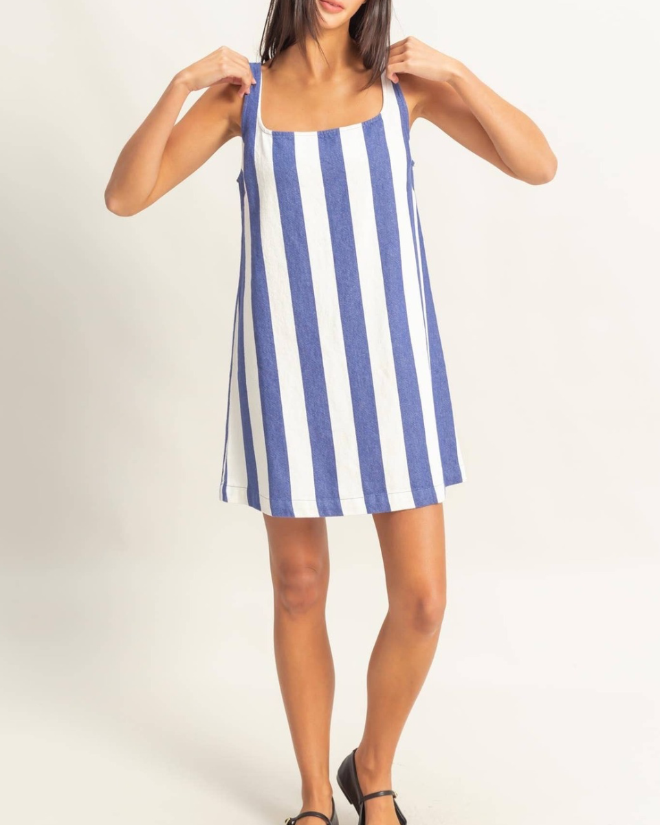 Striped Square Neck Woven Mini Dress in Indigo/Cream - Blackbird Boutique