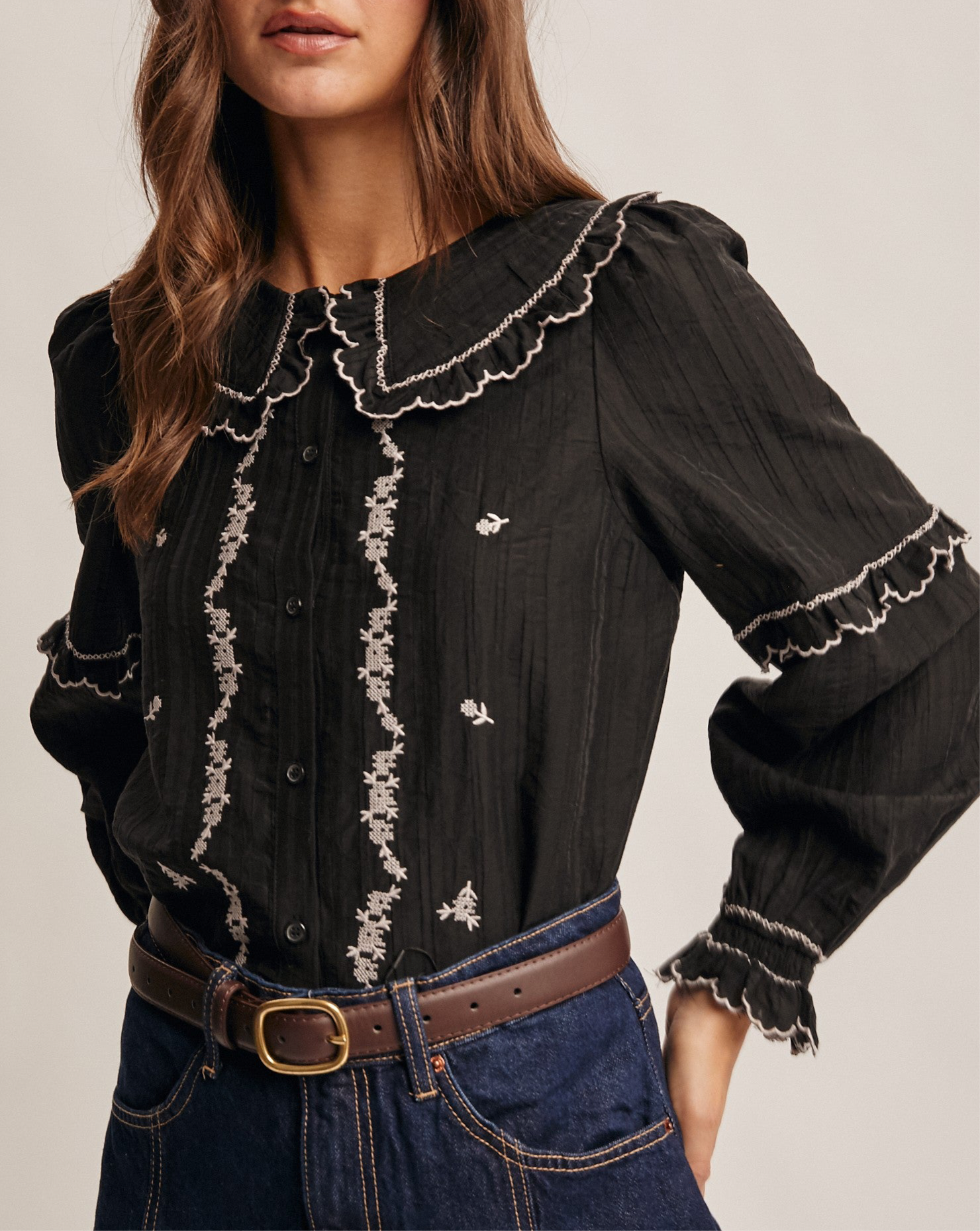 Embroidered Ruffle Collar Blouse - Blackbird Boutique