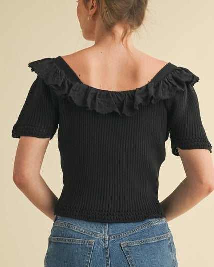 Square Neck Crochet Trim Sweater Top - Blackbird Boutique