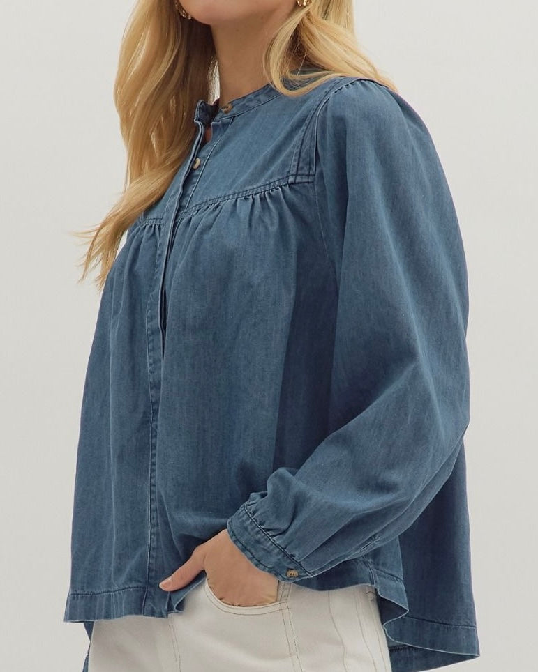 Long Sleeve Button Front Denim Top - Blackbird Boutique