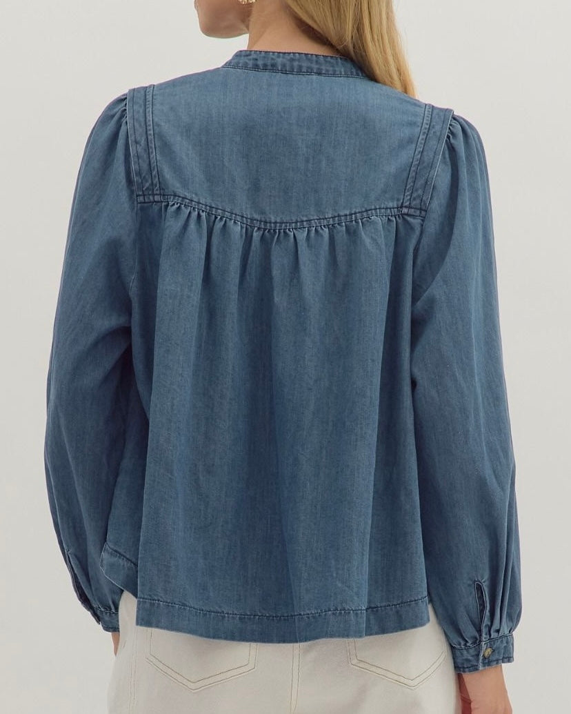Long Sleeve Button Front Denim Top - Blackbird Boutique