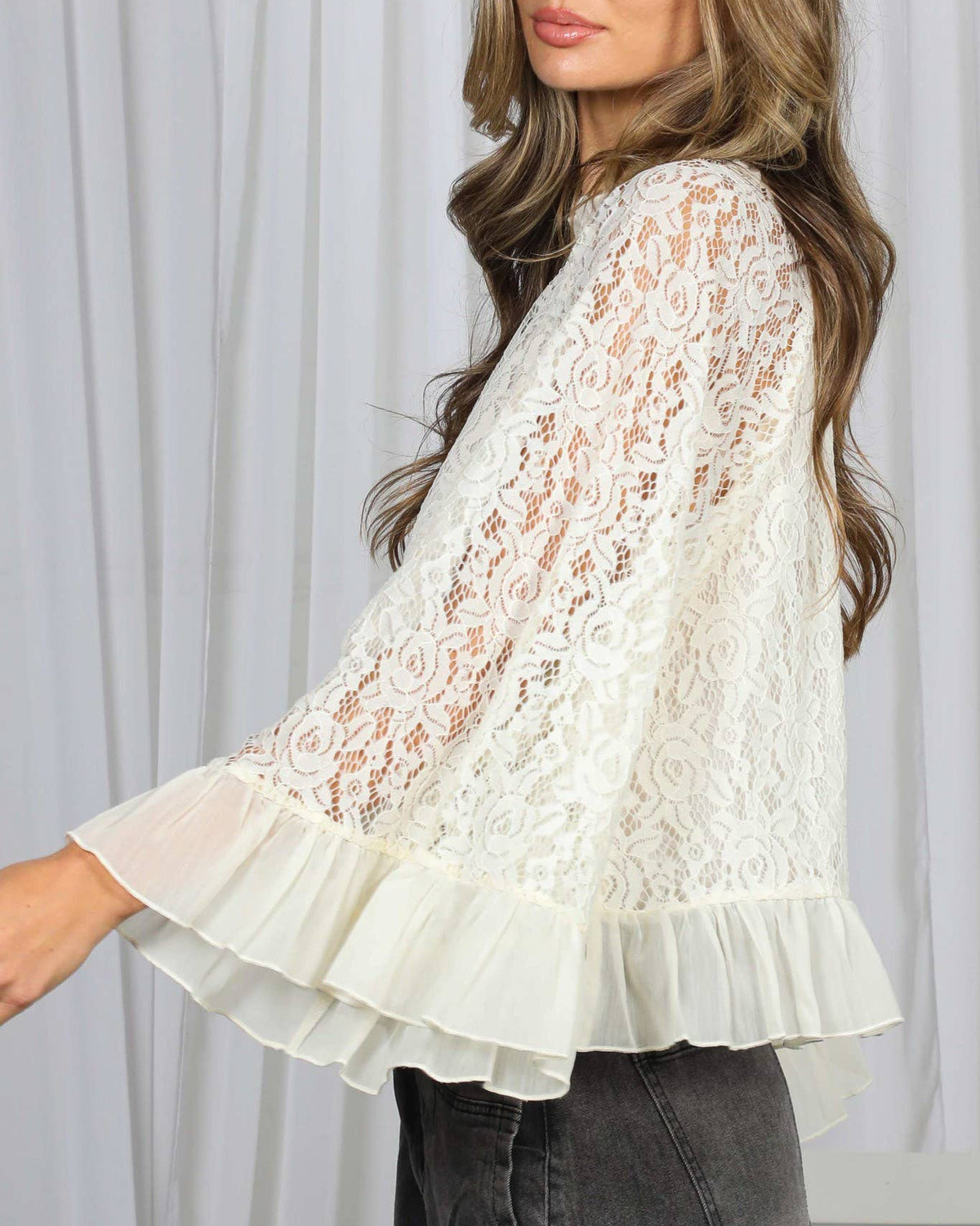 Nicolette Ruffle Neck & Hem Bell Sleeve Loose Lace Blouse
