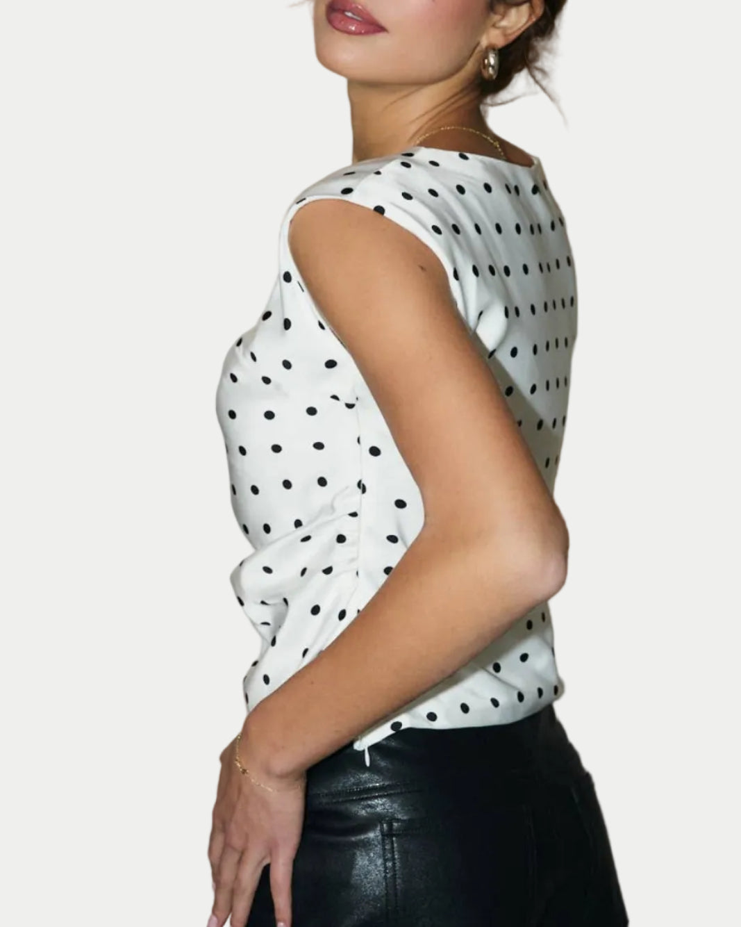 BOAT NECK PLEATED DETAIL SATIN TOP IN POLKA DOT - Blackbird Boutique