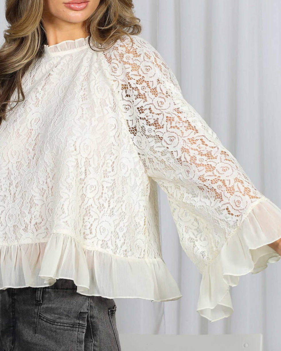 Nicolette Ruffle Neck & Hem Bell Sleeve Loose Lace Blouse