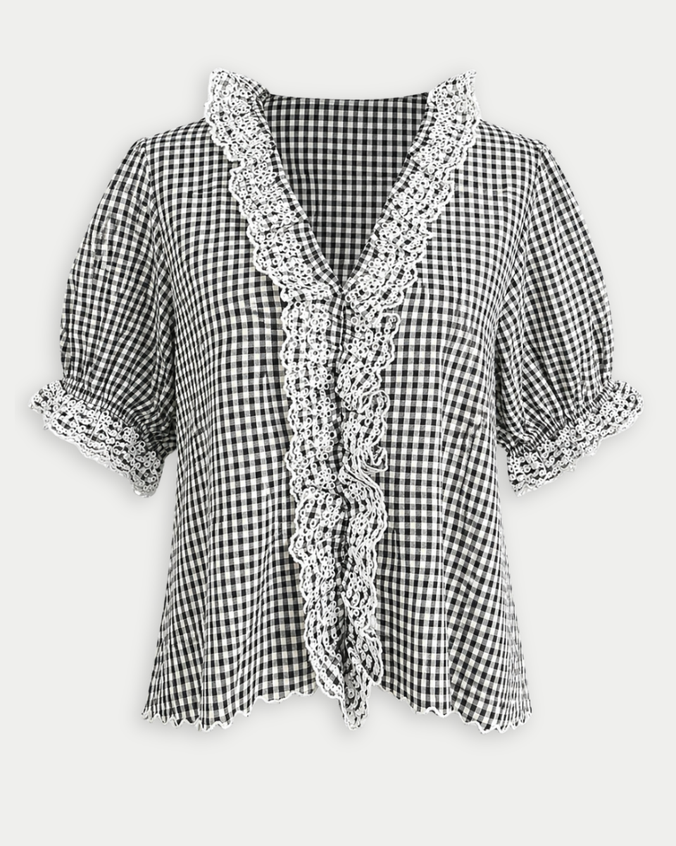 Georgia Gingham Lace Ruffle Blouse - Blackbird Boutique