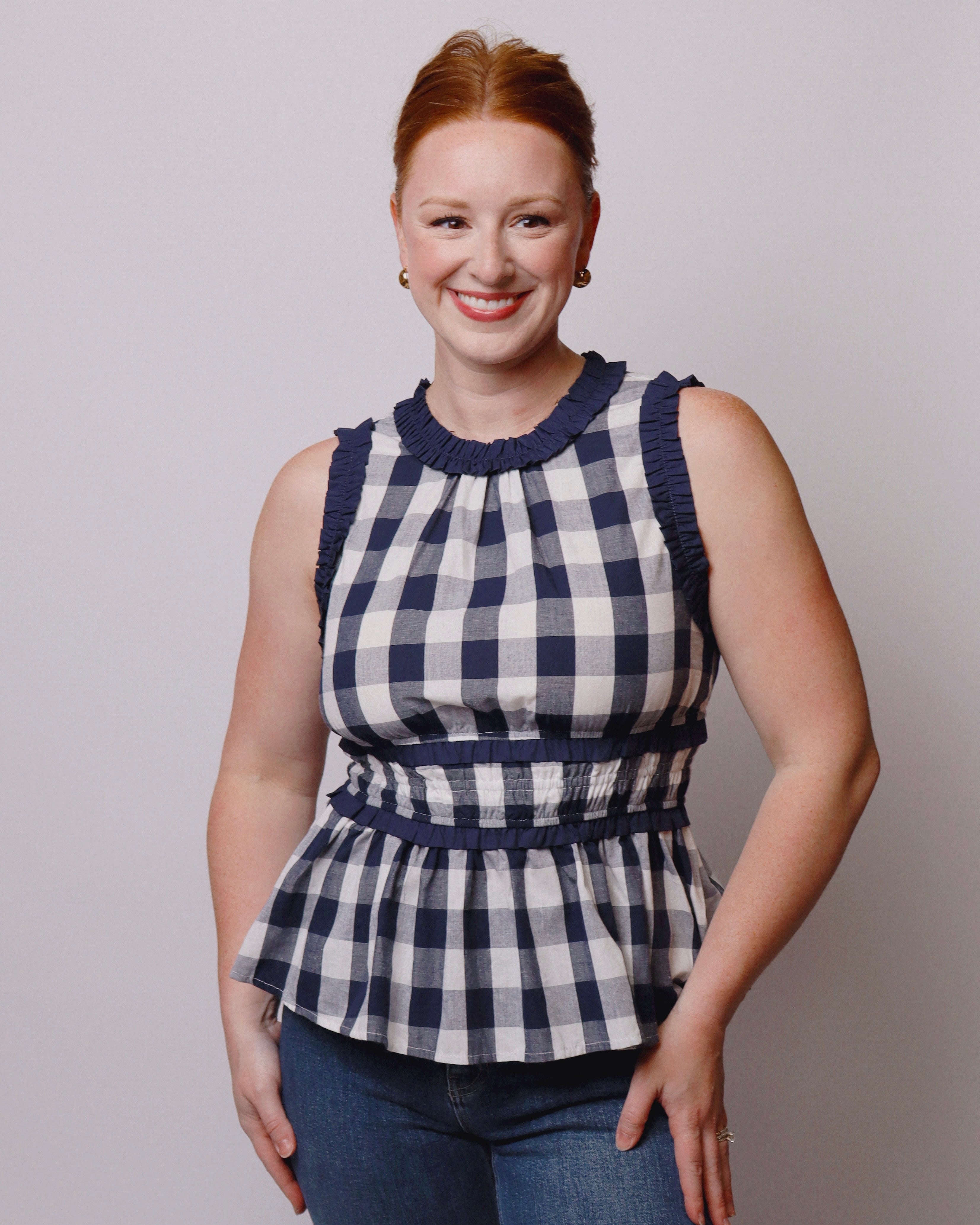 Candace Gingham Sleeveless Peplum Top in Navy