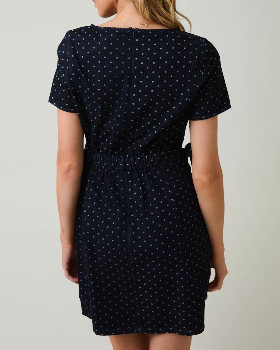 Denim White Dot Side Tie Mini Dress - Blackbird Boutique